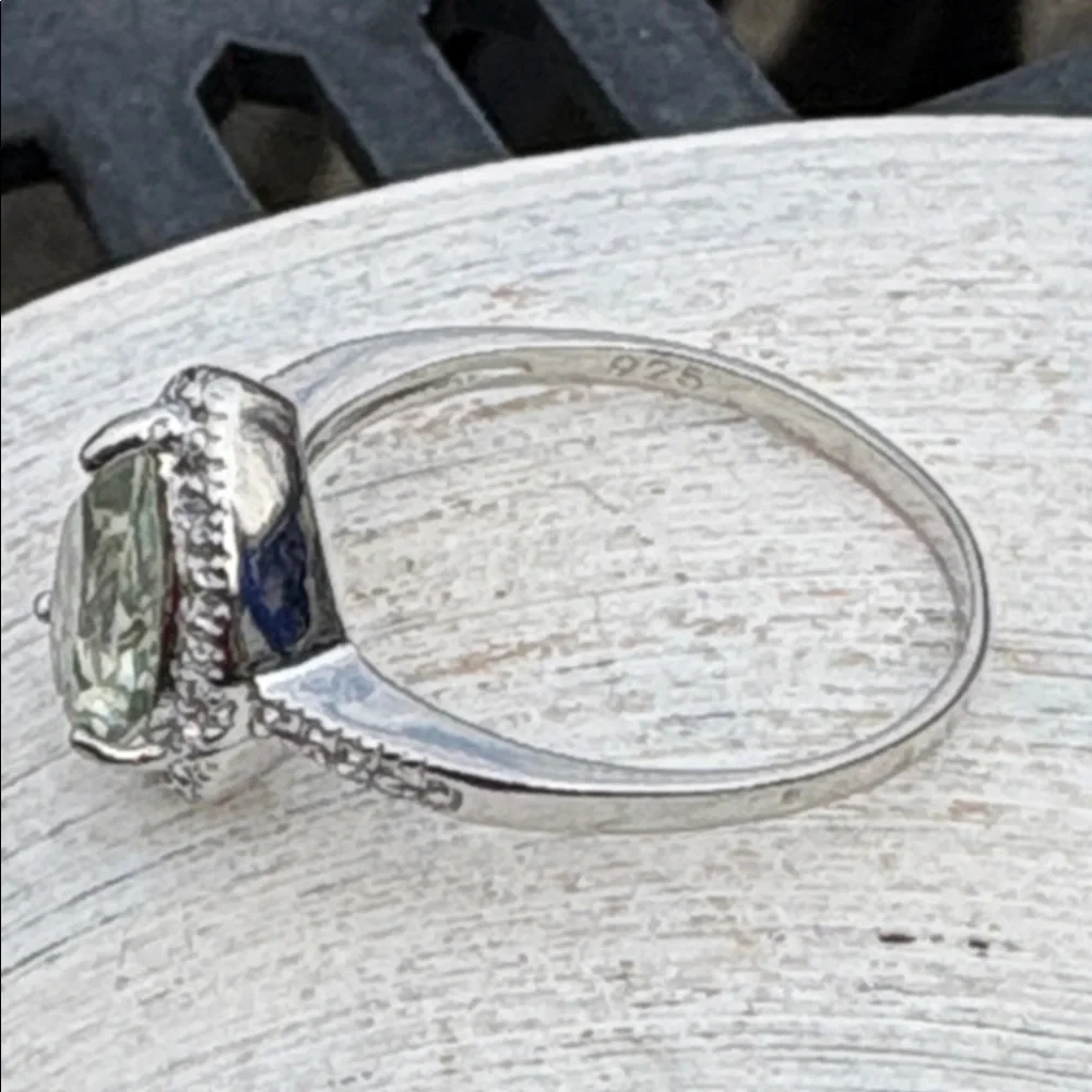 Genuine Natural Prasiolite Diamond Ring Sterling Silver Pear Cut Halo Sze 7